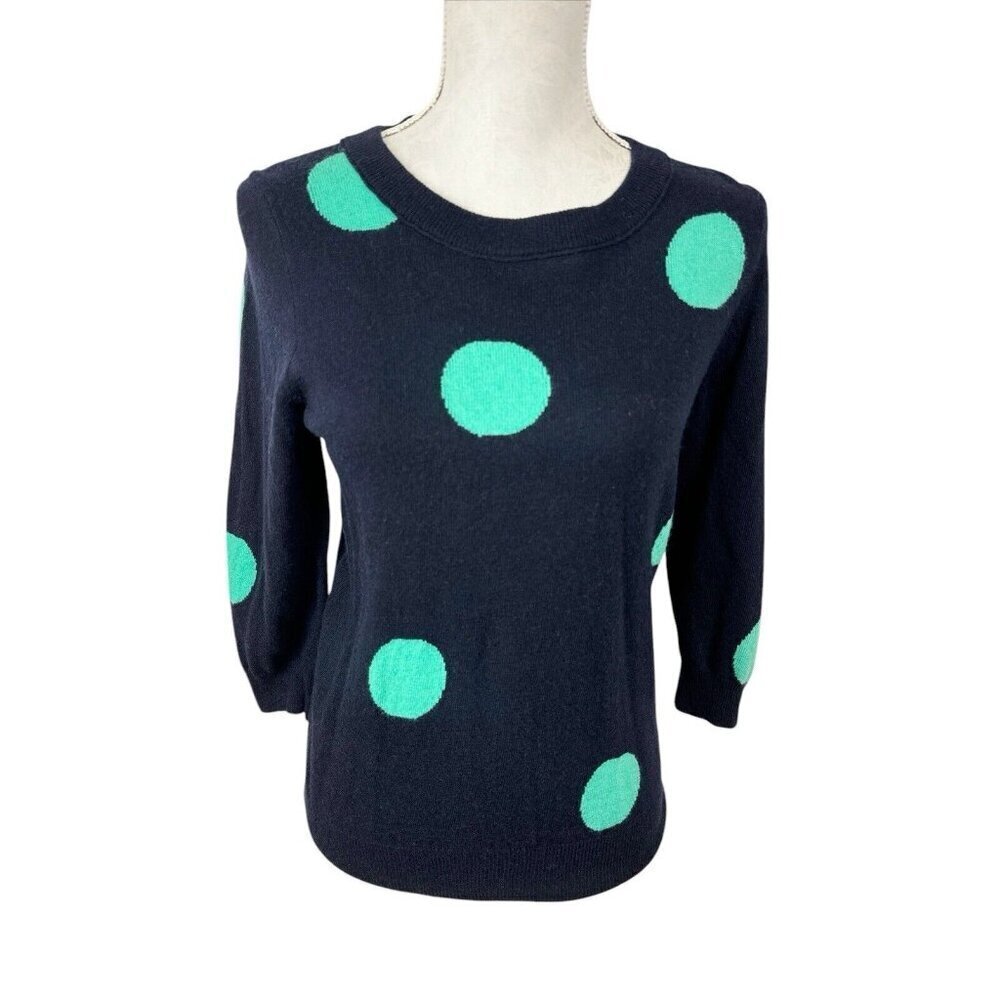 J.‎ Crew Women's Fitted M 3/4 Sleeve Crew Sweater Blue Polka Dot Merino Bld.